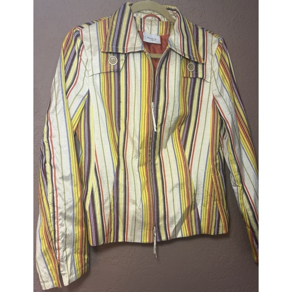 Akris Punto Silk Jacket Full Zip Multi Colored Stripes Woman's Sz M. 70s Retro